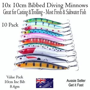 10 Minnow Fishing Lures Bream Flathead Redfin Trout Cod Yellowbelly Salmon Jacks - Picture 1 of 3