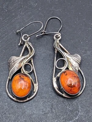 Rare Handmade Vintage Baltic Amber And 925 Sterling Silver Dangle Earrings (A-3) — 第 1/4 张图片