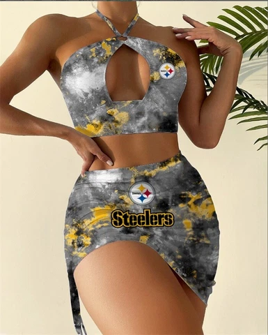 Pittsburgh Steelers Swimsuit Cutout Criss Cross Bathing Suit Bikini Swimdress Cover
