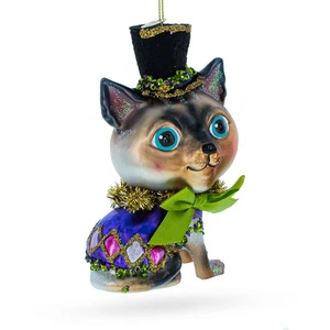 Cat in Top Hat with Bow Tie Glass Ornament - Picture 1 of 6