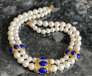 Vtg Napier 2 Strand Faux Glass Pearl & Lapis Choker Necklace Gold-Tone Statement - Picture 1 of 18