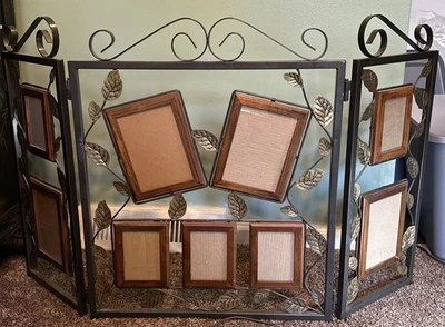 Tela de lareira de metal vintage 3 painéis com molduras de madeira rolo folhas de bronze dourado - Imagem 1 de 4