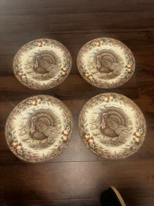 ROYAL STAFFORD ENGLAND COLORFUL TURKEY FRUIT ROPE BORDER Thanksgiving Set of 4 - Picture 1 of 5