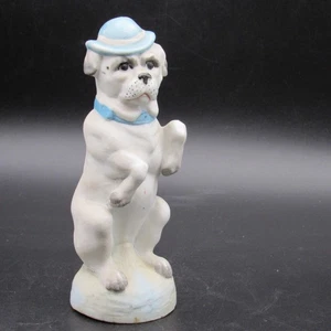Vintage Bisque Bulldog, Blue Bowler Hat, Collars, 5" high, White Dog, British - Picture 1 of 14