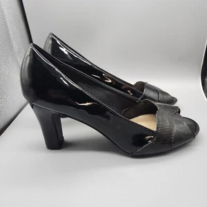Life Stride Catie Heel Pumps Women 11M Black Patent Vegan Leather Black Peep Toe - Picture 1 of 11