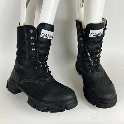 Ganni Combat Boots Women's 9 Black Polyester Faux Shearling-Lined Lace-Up - Image 1 of 4