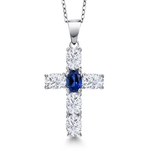 925 Sterling Silver White Moissanite and Created Sapphire Cross Pendant - Picture 1 of 7