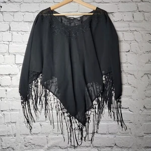 Vintage Zero Zero Black Stitch Embroidered Fringe Hem Shawl Size S - Picture 1 of 8