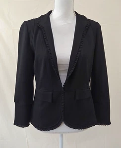 Chicos Womens Blazer Sz 0 Petite Black Scalloped Ruffle Hem Jacket Career - Picture 1 of 11