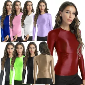 Women's Shiny Shirts Long Sleeve Crop Top Stretchy Slim Fit Yoga T-shirt Blouse - Picture 1 of 101