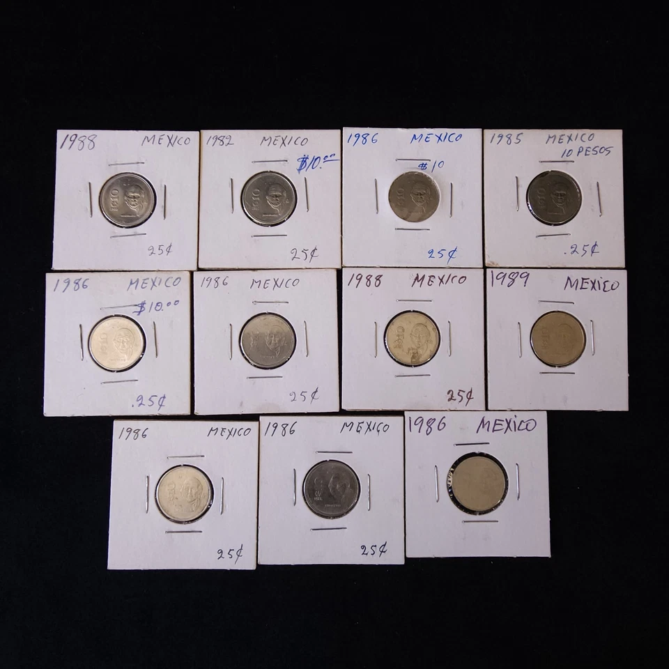 Винтажные монеты Мексики 10 песо 1982-1989 нержавеющая сталь Мигель Идальго лот из 11 - Изображение 1 из 4