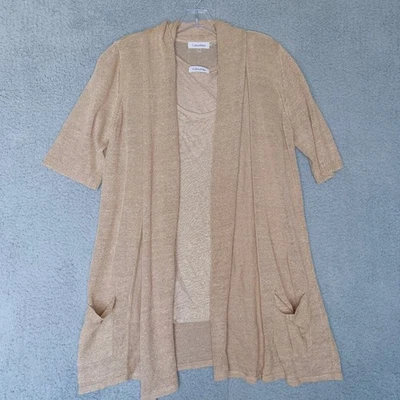 Conjunto de camiseta sin mangas y cárdigan delantero abierto Calvin Klein mezcla de lino tejido color tostado L Foto 1 de 4