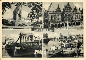 Bremen Ansichtskarte Kolonial-Denkmal Rathaus Weserbrücke Hafen Schiffe - Picture 1 of 2