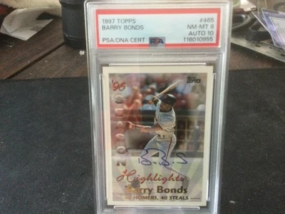 1997 TOPPS ON CARD AUTO BARRY BONDS PSA  8 AUTO 10 - 6/500 🔥 40/40 CLUB - Image 1 of 4