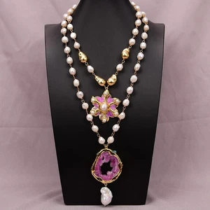 2 Rows White Keshi Pearl Brushed Beads Necklace Rose Quartz Shell Flower Pendant - Picture 1 of 14