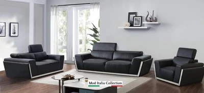 GENUINE Italian Leather 3PC Black Sofa Loveseat Chair Contemporary Living Room - Image 1 of 4