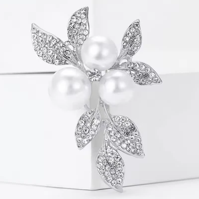 Luxury Sparkling Rhinestone Pearl Flower Leaf Brooch Pin - Silver Jewelry Gift - Image 1 of 4
