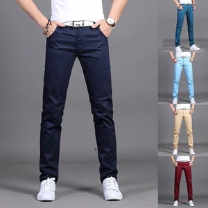 Stylish Men's Midrise Solid Straight Trousers Casual Slim Fit Chinos in Khaki - Picture 1 of 74