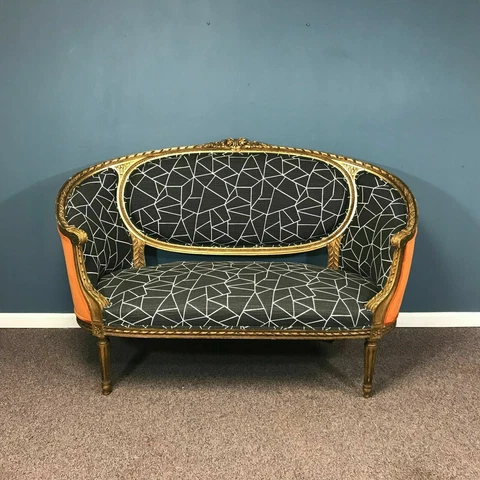 Antique French Louis XVI Style Barrel Back Gilt Carved Frame Settee Cover