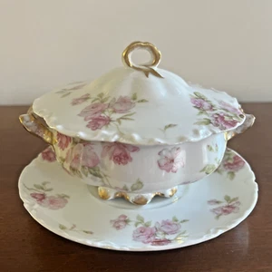 Antique Haviland Schleiger 39F Ranson Pink Roses Covered Dish Sugar Bowl Saucer - Picture 1 of 19