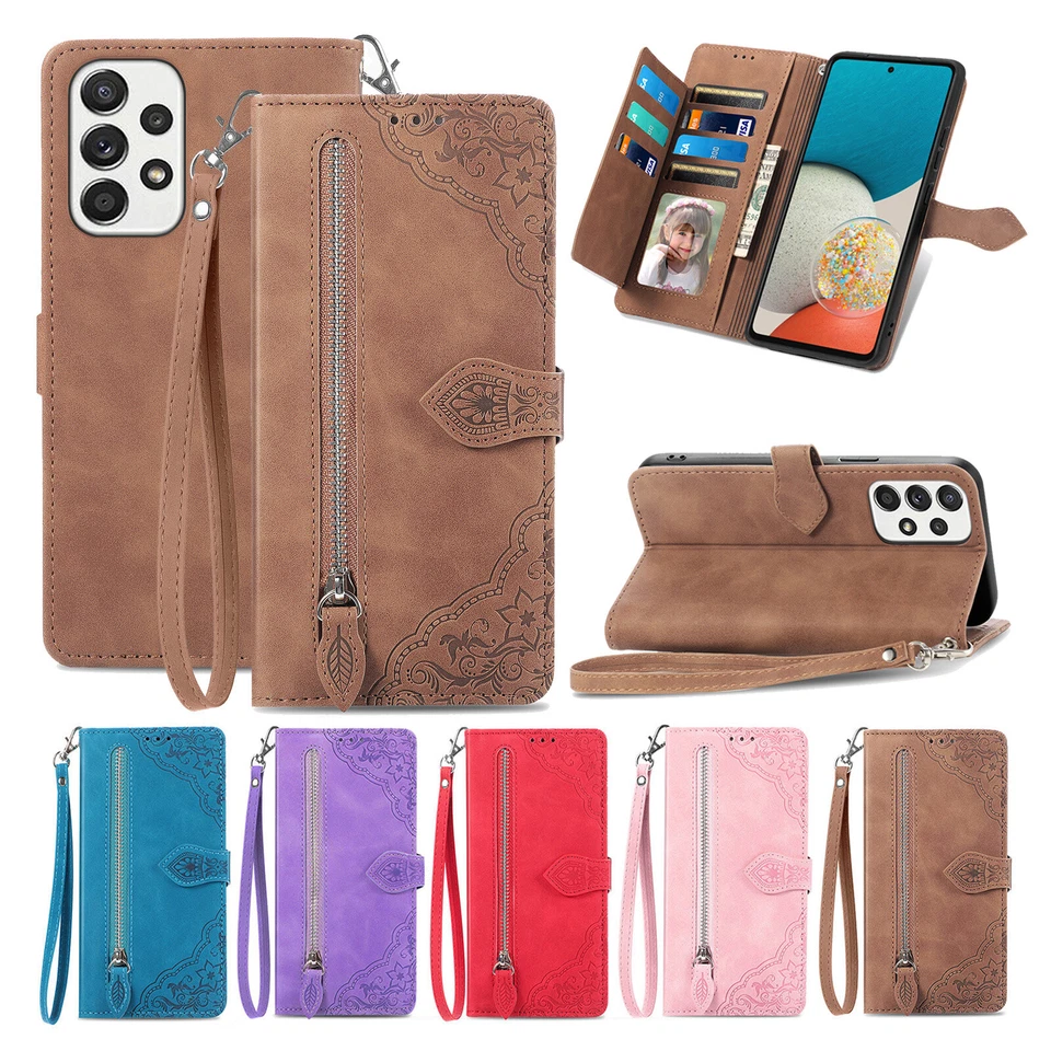 For Samsung A14 A35 A53 A55 S25 S24 S23FE Zipper Leather Wallet Wrist Strap Case - Image 1 of 4