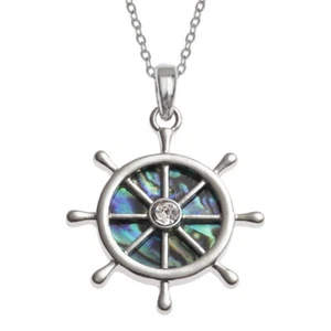 Ships Wheel Silver Necklace Pendant Paua Abalone Shell Nautical Jewellery Boxed - Picture 1 of 3