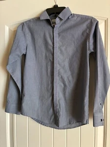 Preowned Calvin Klein Boy's Size 12 Blue Striped Slim Long Sleeve Dress Shirt - Picture 1 of 2