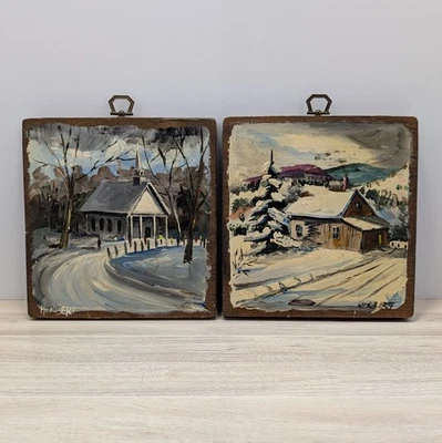 Conjunto de 2 pinturas de paisaje de invierno firmadas por Herbert escenas de nieve rústicas de montaje en madera Foto 1 de 4