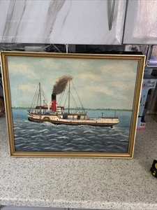 Steamboat Oil Painting On Board Signed Steam Boat - Picture 1 of 12
