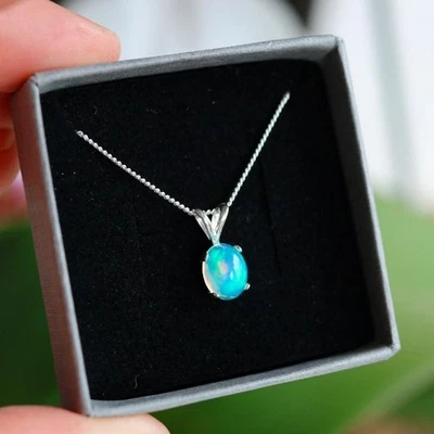 Collana opale di fuoco in argento sterling 925 massiccio con ciondolo opale... - Immagine 1 di 4