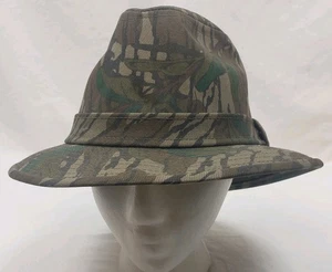 Vintage 80s Mossy Oak Greenleaf Camo Fedora Hat Size Small Hunting Fishing USA - Picture 1 of 9