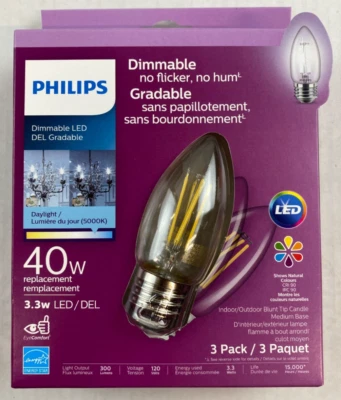 3 Philips 40-Watt Clear B11 Blunt Tip LED Bulbs w/Standard Base - Dimmable - Image 1 of 4