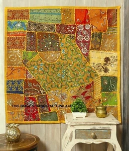 "Appeso arazzo con perline giallo indiano vintage quadrato ricamato decorazione da parete - Foto 1 di 4