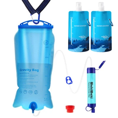 WAKIWAKI 3L Gravity Water Filter Straw, Camping Water Filtration System,23oz Water Pouch