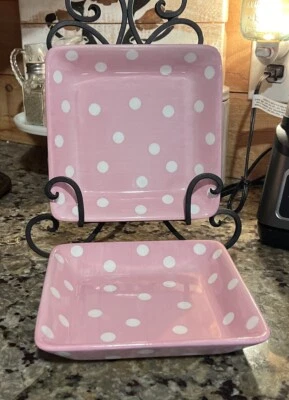 Set Of 2 pampered chef 7.25 square plates Pink with White Polka Dots #5415 Snack - Image 1 of 4
