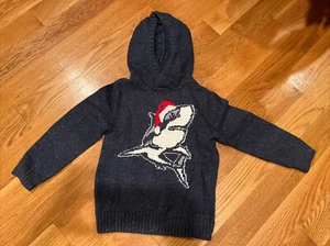 Gymboree Navy Blue Hooded Knit Sweater Shark with Santa Hat - Size S (5-6) - Picture 1 of 4