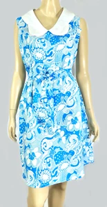 Vintage 60s Mod Light Breezy Poly Aqua Blue on White Belted Shift Dress L - Picture 1 of 5