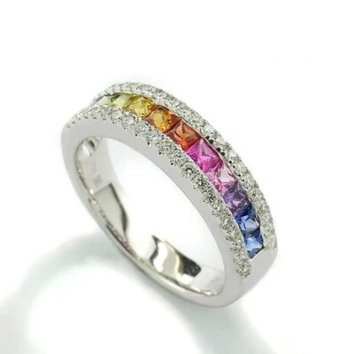 Rainbow-Ring Saphire feinste Farben Brillanten 750-Weißgold multicolor neu - Bild 1 von 4
