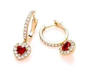 9ct Yellow Gold on Silver Ruby CZ HEART Charm Drop Dangle Huggie Hoop Earrings - Picture 1 of 7