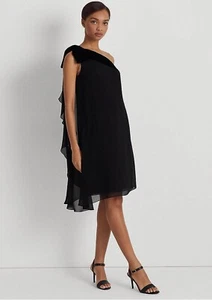 NWOT Lauren Ralph Lauren Women's Chiffon One-Shoulder Little Black Dress Size 10 - Picture 1 of 4