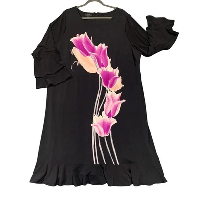 New Alfani Women's Midi Dress 22W Black Tulip Floral Ruffle Sleeve Hem Stretch - Image 1 of 4