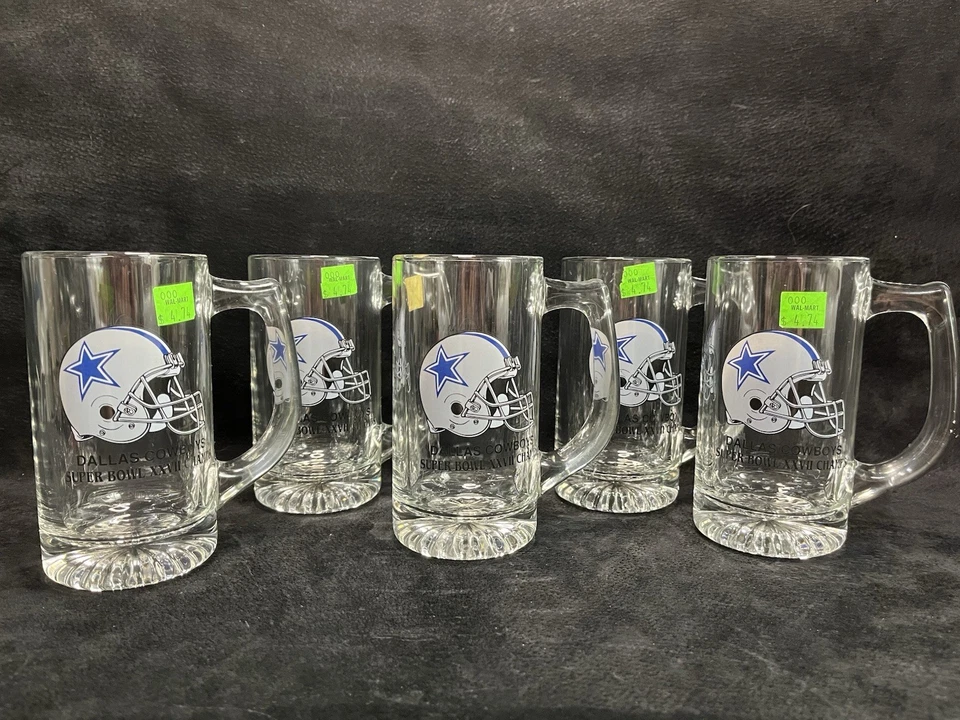 Conjunto de 5 canecas de cerveja de vidro 1994 Dallas Cowboys logotipo antigo NFL Super Bowl XXVIII - Imagem 1 de 4