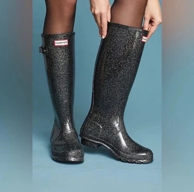 HUNTER Wellies Rainboots Original Tall Glitter Starcloud Women's Size 9 Black  - Image 1 of 4