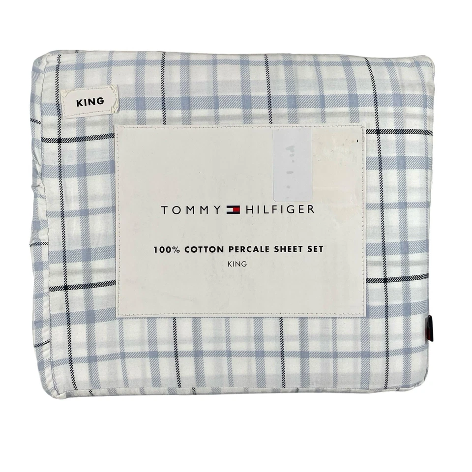Juego de sábanas 4 piezas Tommy Hilfiger King Newton a cuadros azul blanco 100 % algodón percal Foto 1 de 4