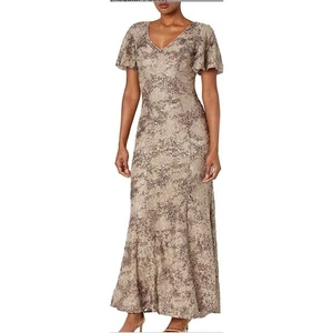 Alex Evenings Long Formal Sequin Dress Short Flutter Sleeve Size 16 Taupe NWT - Picture 1 of 4