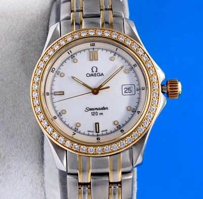 Reloj Omega Seamaster para hombre de oro de 18 quilates y SS - esfera blanca - bisel de diamantes - 2315,20 Foto 1 de 4