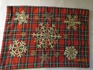 Pottery Barn Beaded Red Tartan Plaid Snowflake Embroidered Piillow Cover - Picture 1 of 5