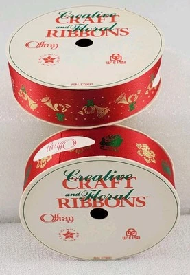 2 Offray Christmas Ribbon Craft & Floral 7/8" 13 Feet Sleigh Horn Snowflake Vtg. - Image 1 of 4