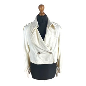 Stradivarius Beige Denim Jacket Cropped Collared Button Up Women's UK Size XS - Picture 1 of 8