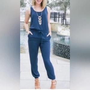 CAbi French Navy Jumpsuit Zip Back Drawstring Waist Elastic Leg Cuffs Size Med - Picture 1 of 11